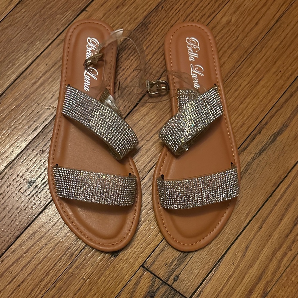 Bella Luna Sparkling Rhinestone Sandals - Silver and Tan